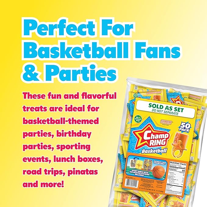 Champ Ring Basketball, Slam Dunk Watermelon - Sweet Watermelon Flavored Candy Rings - Individually Wrapped - No Artificial Colors or Dyes - Perfect for Parties, Events & Snacks - Bulk Pack of 50