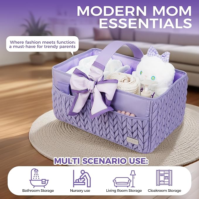 Luxurious Baby Diaper Caddy, Nursery Storage Basket for Newborn Boy and Girl, Travel Baby Basket for Diapers Baby Wipes, Organizer Tote Bag Storage Bin, Baby Shower Gifts (purple)