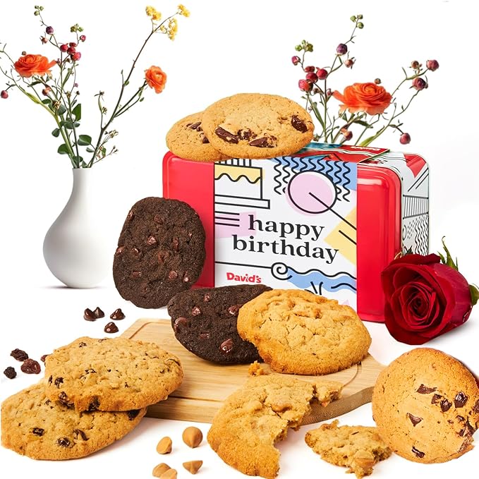 David’s Cookies Happy Birthday Assorted Cookies Gift Tin – 8 Fresh Baked Gourmet Cookies in Chocolate Chunk, Peanut Butter Chip, Double Chocolate Chunk & Oatmeal Raisin – Dessert Gift for Birthdays