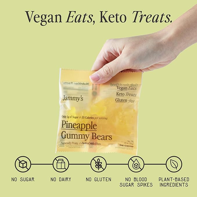 Jammy's™ - Pineapple Gummy Bears | Sugar-Free & Vegan-Friendly | Keto-Friendly, Gluten-Free, Low Carb, High Fibre & Naturally Fruity | Delicious, Soft & Chewy | Box of 6 x 50g Bags
