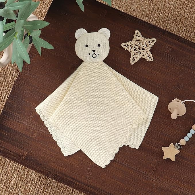 LAWKUL Baby Blanket Bear Lovey Soft Cuddly Security Blanket for Newborns Infants Boy Girl Knit Snuggle Comfort White 16x16in