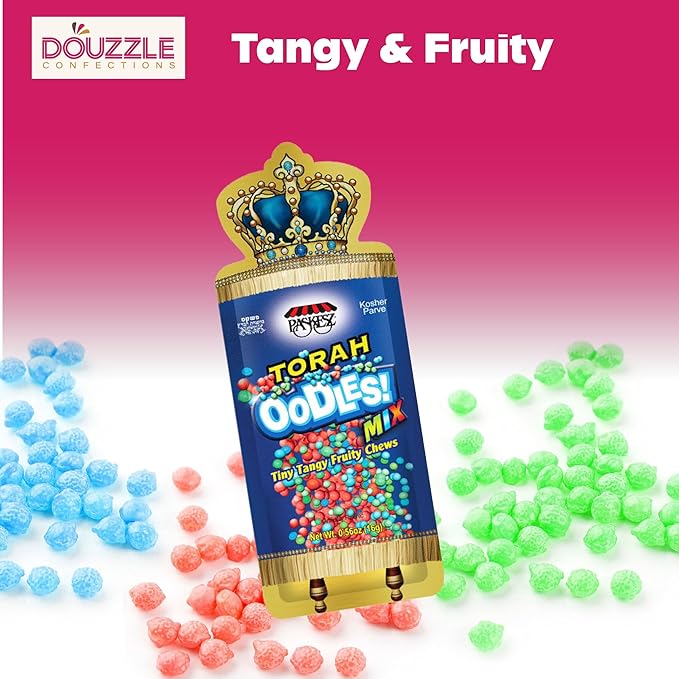 DOUzzle Back To School Oodles Torah Tiny Tangy Fruity Chews Mix (12 Count, 1 Pack) Individually Wrapped, Party Favor, Goodie Bag & Pinata Filler - Kosher Parve