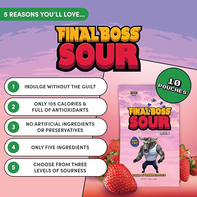 Final Boss Sour Candy, Sour Strawberries, 10 Pack, Level 1, Fruit Chews with Real Dried Fruit, No Artificial Colors or Flavors, Low Calorie Snack for Kids, Teens, Adults, Lunch Boxes & On The Go