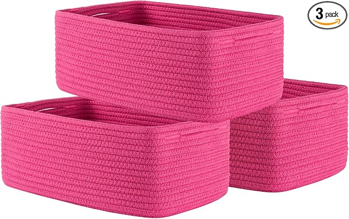 Small Woven Basket, 13.5 x 9.5 x 5 Inches, Storage Basket for Organizing, Cute Small Rope Shelf Closet Cube Storage Bins Baskets for Shelves, Dog Toy Gift Baskets Empty, 3 Packs, Hot Pink