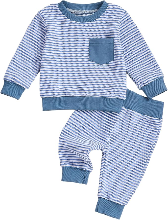 Baby Boy Toddler Fall Outfit Striped Sweatshirt Toddler Boy Winter Waffle Clothes 3 6 12 18 Months 2 3 T Pant Set