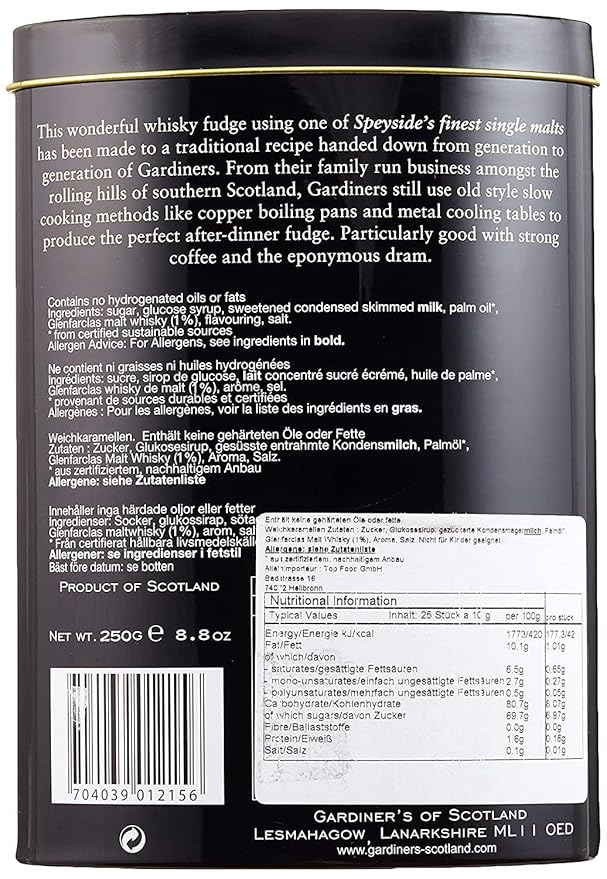 Gardiners of Scotland Handmade Fudge 250g Tin, Glenfarclas Highland Malt Whisky Fudge