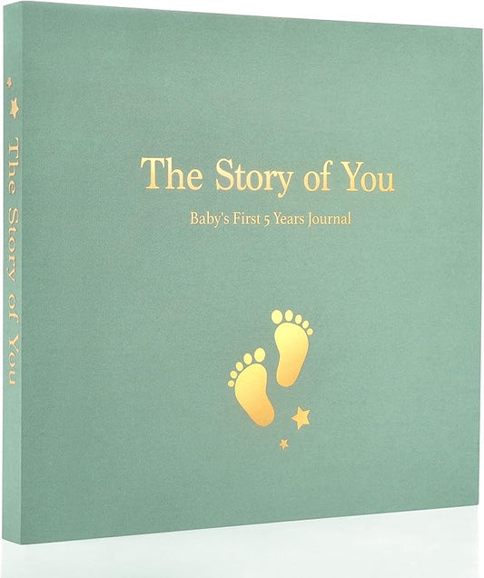 Baby Memory Book First 5 Year Boy or Girl Keepsake Journal Photo Albums Scrapbook, Gifts for Baby Shower First Time Mom New Parents (Footprint - Sage Green)