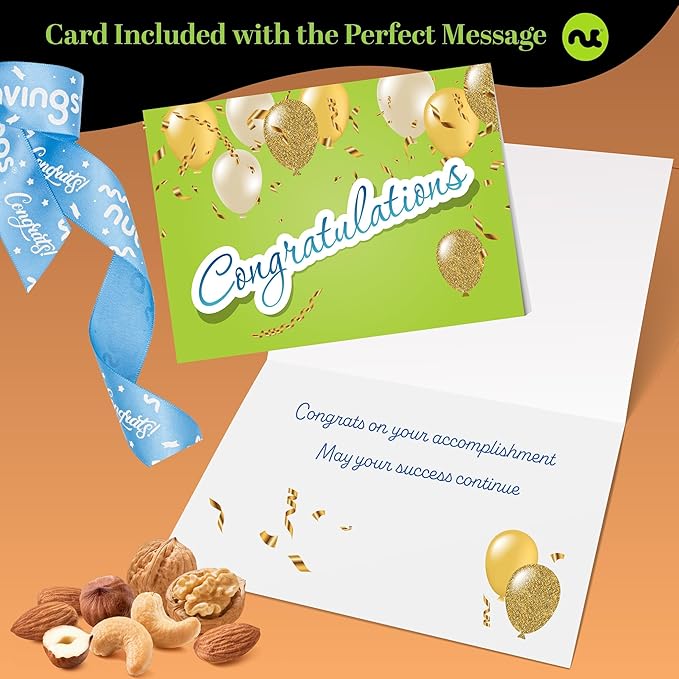 NUT CRAVINGS Gourmet Collection - Congratulations, Nuts Gift Basket with Congrats Ribbon + Greeting Card in Reusable Wooden Tray (12 Assortments) Graduation Food Arrangement, Healthy Snack, Food Assortments