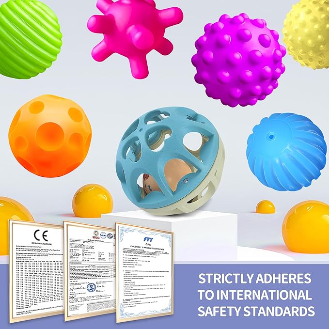 Sensory Toys for Babies, Montessori Textured Baby Balls and Wheat Straw Rattle, Baby Toys for 6-12 Months, Ideal Newborn Gifts for Boys and Girls, Toddler Toys for 1-3