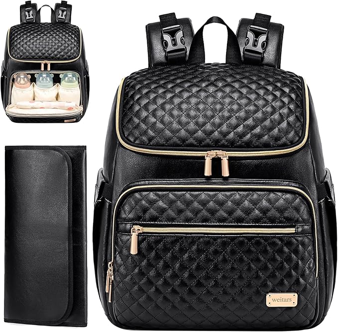 Weitars Diaper Bag Backpack Leather Baby Diaper Bag with Changing Pad Travel Diaper Backpack,Baby Bag for Mom,Stroller Straps,5 Insulated Pockets (Black Leather)