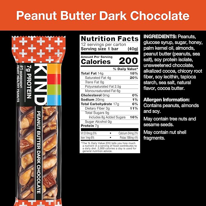 KIND Nut Bars, Peanut Butter Dark Chocolate, Healthy Snacks, Gluten Free, 8g Protein, 12 Count
