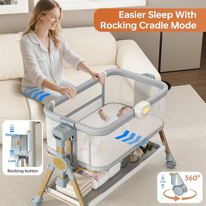 3 in 1 Baby Bassinet Bedside Sleeper, Rocking Bassinet for Baby with Wheels, Music Night Light, Storage Basket, Mattress, Adjustable Height, Portable Rocking Bedside Sleeper for Newborn Infant