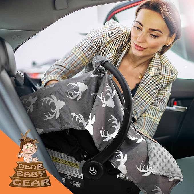 Dear Baby Gear - Car Seat Canopy - Baby Carrier Cover - Infant Car Seat Cover - Carseat Covers with Snap Opening - Carseat Canopies for Boys & Girls - 40x30 (White Antlers on Gray, Gray Reverse)