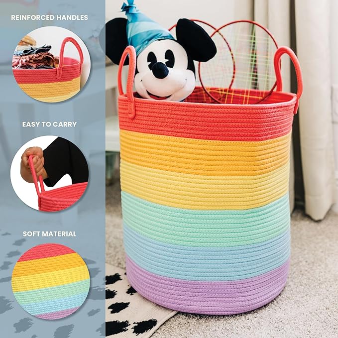OrganiHaus Tall Rainbow Rope Blanket Basket for Living Room Decor, Cute Woven Baby Laundry Basket, Baby Nursery Hampers for Toys, Kids Laundry Hamper for Dirty Clothes, Decor for Kids Classroom