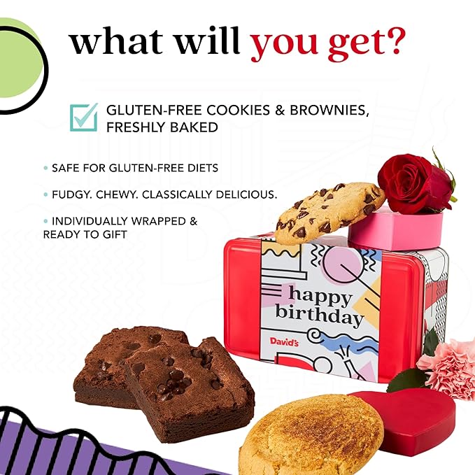 David’s Cookies Happy Birthday Gluten-Free Cookies & Brownies in Sweet Sampler Tin – Freshly Baked Classic Chocolate Chip Cookies & Fudgy Brownies – Gourmet Dessert Gift Box for Birthday Celebrations