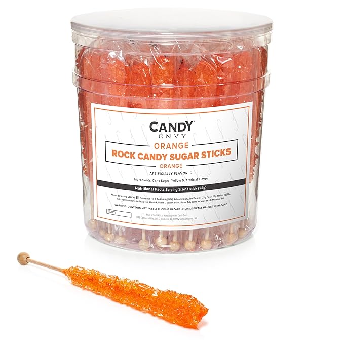 Orange Rock Candy Sugar Sticks - Orange Flavored - 36 Individually Wrapped Candy