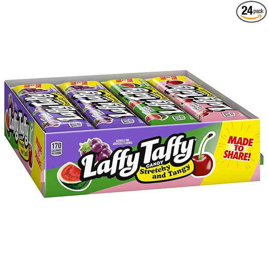 Laffy Taffy Stretchy & Tangy Variety Candy Box, Grape, Watermelon, and Cherry Flavors, 1.5 Ounce Bars (Pack of 24)