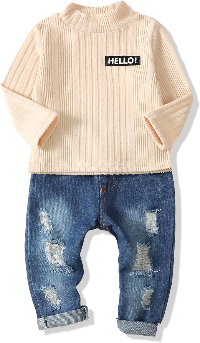 NZRVAWS Toddler Baby Boy Clothes Pullover Sweater Ripped Jean Sweatsuit Little Boy Outfit Fall Winter Clothing Set 6M-7T