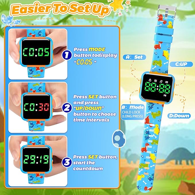 Potty Training Watch and Board Book for Kids: Water Resistant Potty Watches for Toddler Boys Rechargeable Toilet Reminder Dinosaur Toddler Watch 1-3 Birthday Gifts for 2 3 4 Year Old Boy (Blue)