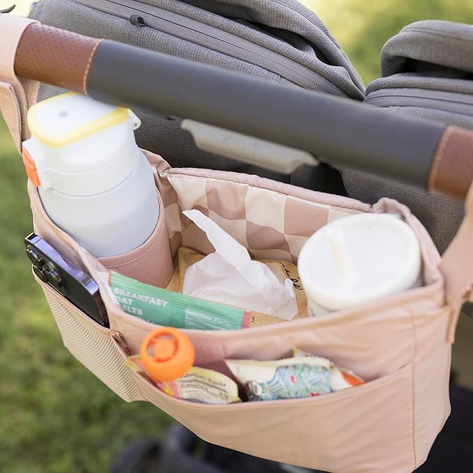 Tiny Twinkle Universal Stroller Organizer with Adjustable Strap - Waterproof Stroller Caddy Fits Baby Jogger,Nuna,Graco,Donna and Bugaboo Strollers（Beige Checkers）