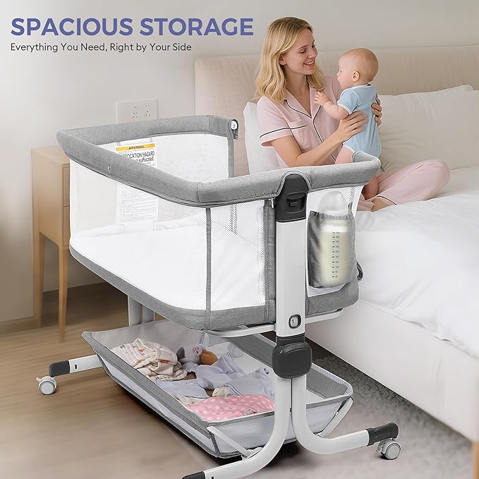 Baby Bassinet Bedside Sleeper, Upgraded Stability Bedside Crib with Full Mesh Sides, Soft Sheet, 6-Height Adjustment, Storage Basket, Easy Folding Portable Bassinet for Newborns, Gray