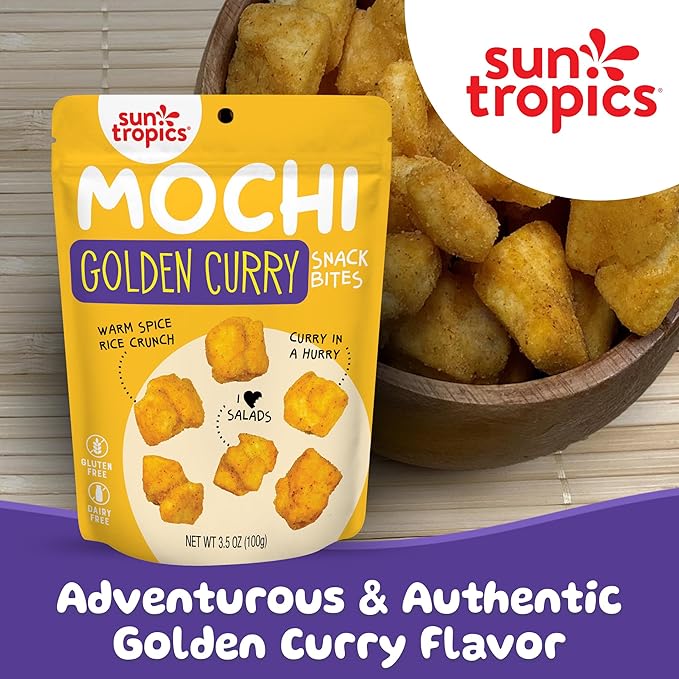 Sun Tropics Mochi Snack Bites, Golden Curry Flavor- 3.5 oz (6 Pack) | Crispy Crunchy Mochi Bites, Rice Nuggets | Mochi Puff Rice Crackers- Gluten Free & Dairy Free- No MSG Added | Asian Rice Snacks