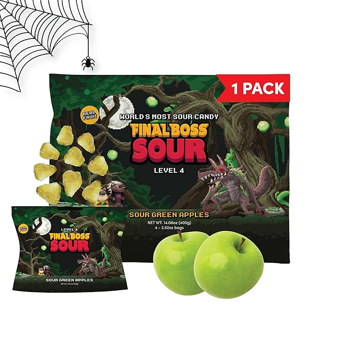 Final Boss Sour Candy, Green Apple, 1 Pack, Level 4, Extreme Sour Fruit Chews with Real Dried Fruit, No Artificial Colors or Flavors, Low Calorie Snack for Kids, Teens, Adults, Lunch Boxes & On The Go