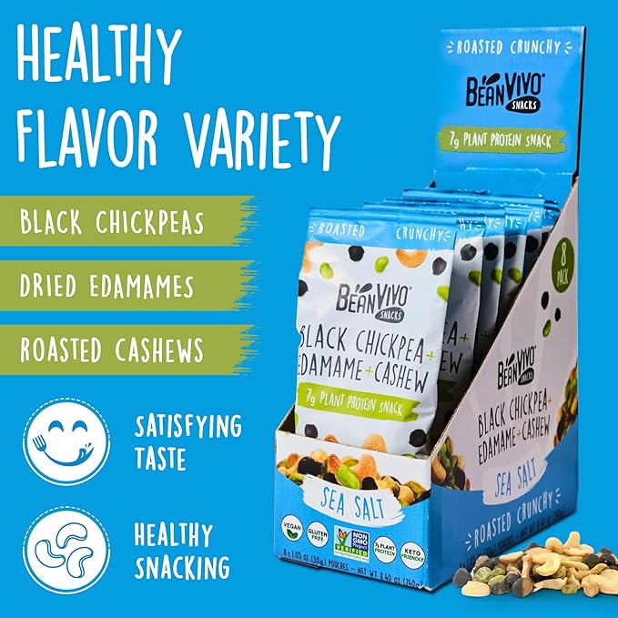 BeanVIVO Healthy Snacks for Adults & Kids with 7g Protein & 5g Fiber per Serving with Dried Edamame, Roasted Cashew and Black Chickpeas - Vegan & Gluten Free - Keto Friendly & Non-GMO - 8Pack (1.05 oz Each Pouch)