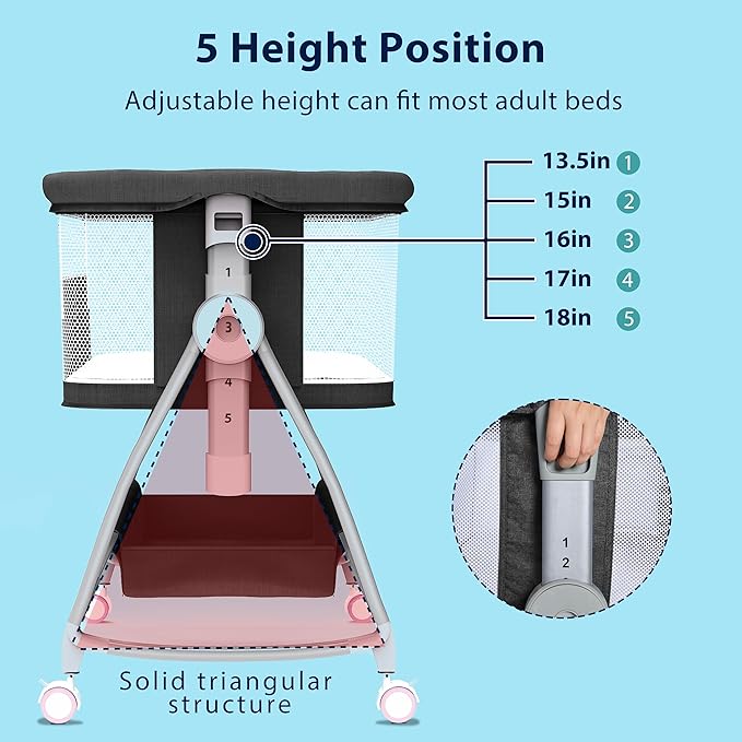 Baby Bassinet Bedside Sleeper, 3 in 1 Rocking Bassinet for Baby, Arms Reach Co Sleeper Bassinet with Wheels, Adjustable Height, Storage, Mattress & Canopy (Black)