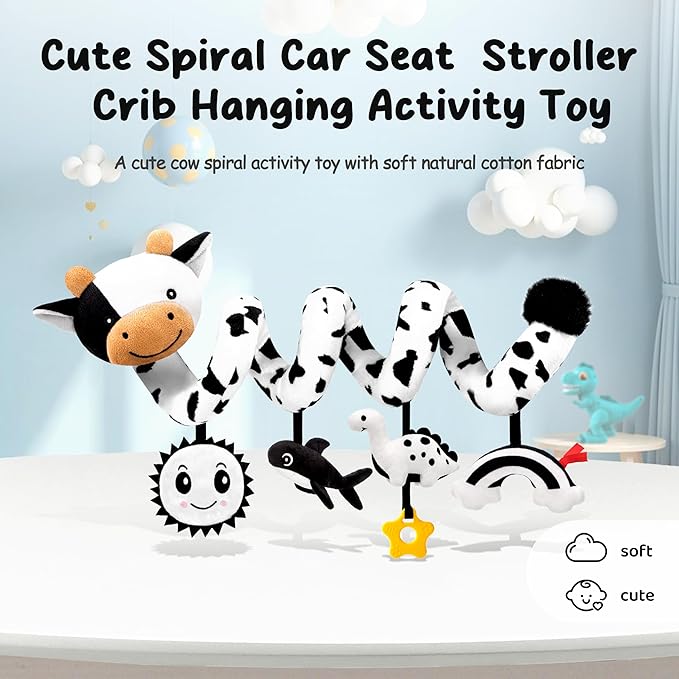 Spiral Car Seat Baby Toys 0-6 Months, Infant Carseat High Contrast Sensory Toys Hanging Stroller Accessories, Newborn Gifts for Baby Boys Girls Essentials Stuff, Cute Black and White Cow