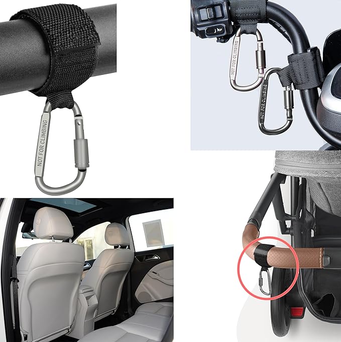 Baby Stroller Hook, Carry 30 lbs per Stroller Carabiner Clip, Adjustable Baby Stroller & Car Seat Hook for Hanging Diaper Bag, Wheelchair,Golf cart, Shopping and Pet Cart(2 Pcs Green)