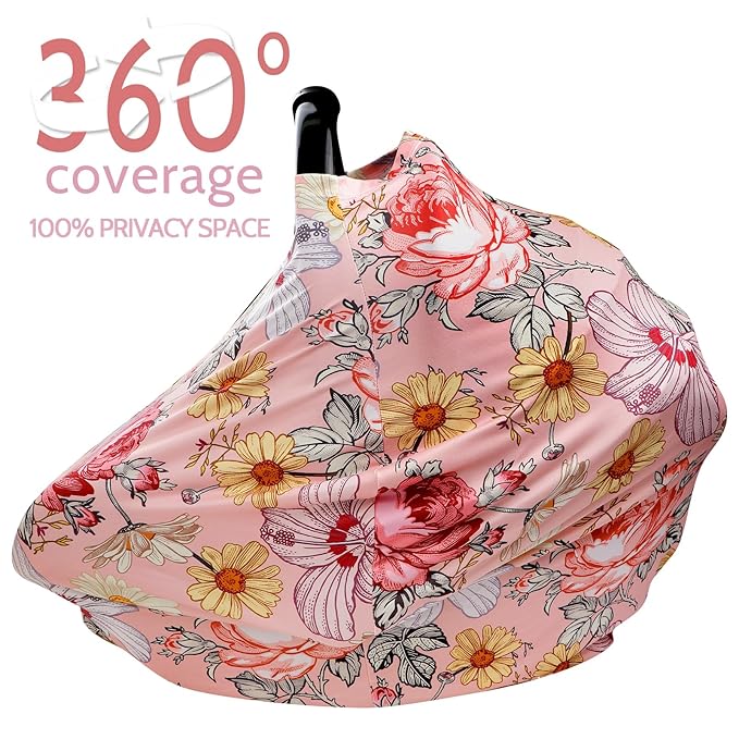 Pink Baby Car Seat Cover Girls, Infant Carseat Canopy, Stretchy Multi- use Nursing Cover for Stroller/High Chair/Shopping Cart/Car Seat Canopies (Floral)