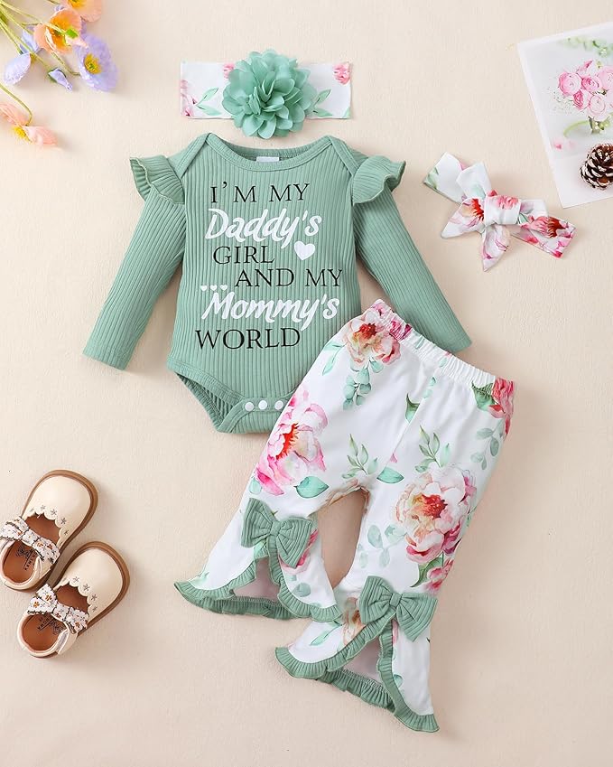 SUNNY PIGGY Newborn Baby Girl Clothes Infant Outfits Romper Floral Fall Outfit Bell Bottoms Pant Sets Hat Headband Flowerpant