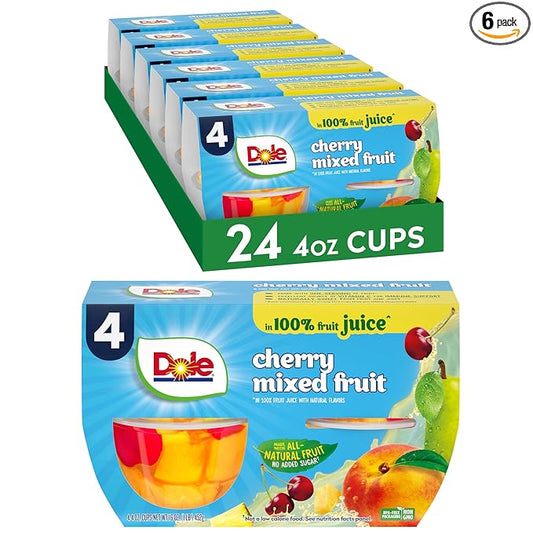 Dole Fruit Bowls Cherry Mixed Fruit in 100% Juice Snacks, 4oz 24 Total Cups, Gluten & Dairy Free, Bulk Lunch Snacks for Kids & Adults