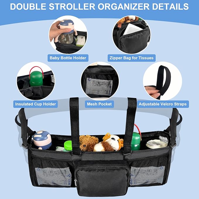 Succulentlovers Double Stroller Organizer - Caddy Compatible With Bob and Jogging Strollers, Side by Side Accessories With Cooler Pockets
