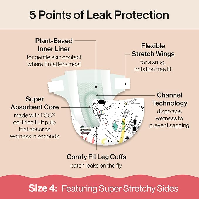 The Honest Company Clean Conscious Diapers for Delicate Skin | Up to 100% Leakproof | Hypoallergenic, Fragrance Free | Gender Neutral | Super Club Box, Size 4 (22-37 lbs), 104 Count (Prints May Vary)