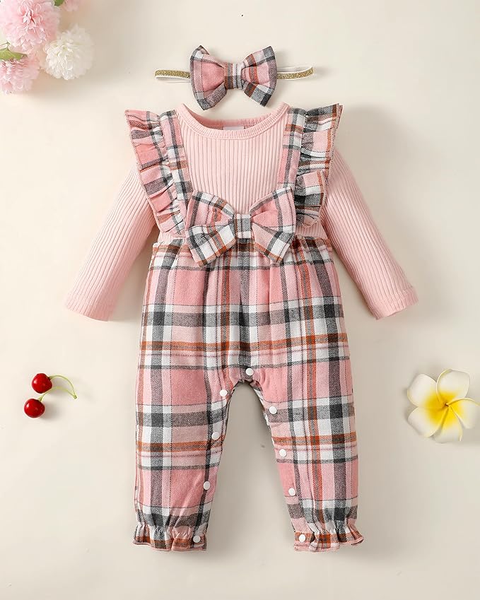 Newborn Infant Baby Girl Clothes Fall Winter Plaid Long Sleeve Jumpsuit One Piece Romper Bodysuit Baby Overalls Outfits