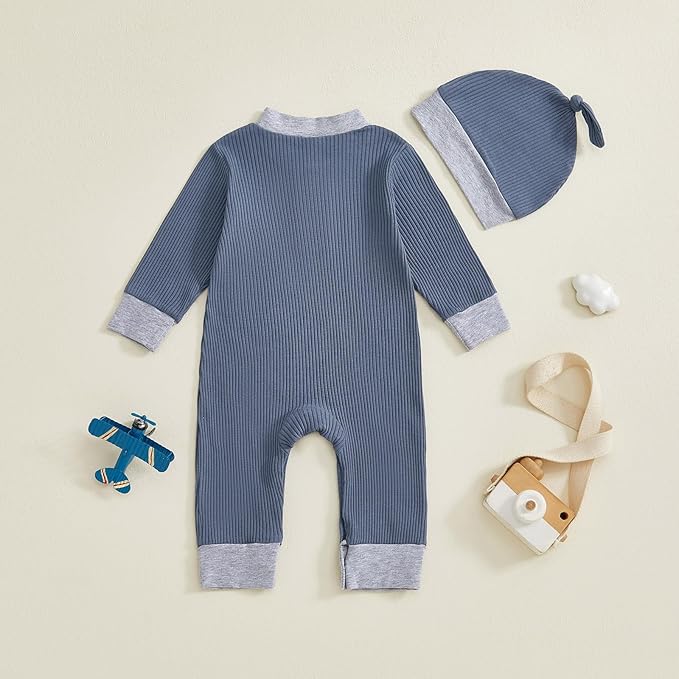 fhutpw Newborn Baby Boy Clothes Ribbed Knit Bodysuit 3 6 Months Infant Fall Long Sleeve Splicing Color Romper Jumpsuit & Hat