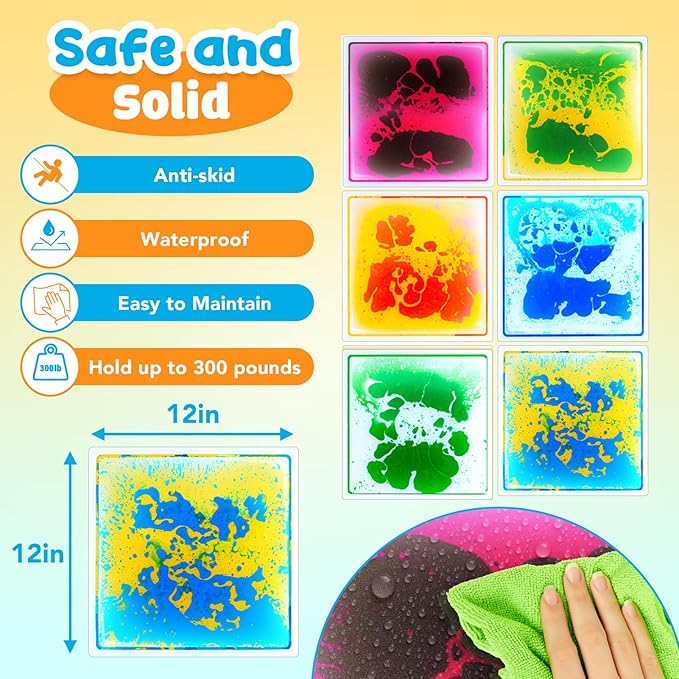Sensory Floor Tiles for Kids Toddlers: 6 Pack Liquid Play Mats, 12"x12" Squares Autism Sensory Puzzle Pad, Lava Tiles Games Dance Step Pads, Preschool Classroom Montessori Gross Motor Daycare Toys