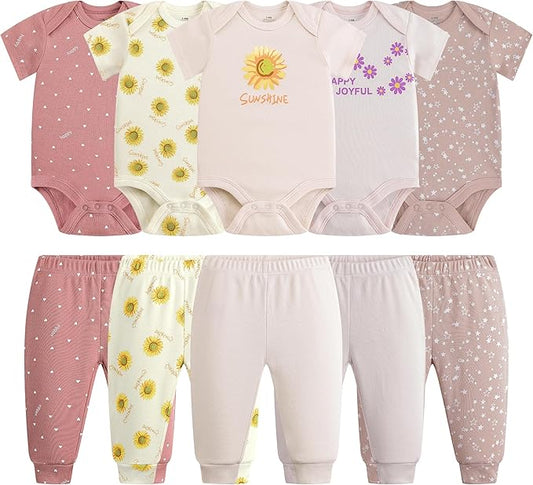 Baby Newborn Layette 10-Piece Sets Cotton Bodysuits Pants Sets for Baby Boys Girls Toddler Unisex Baby Gift Set