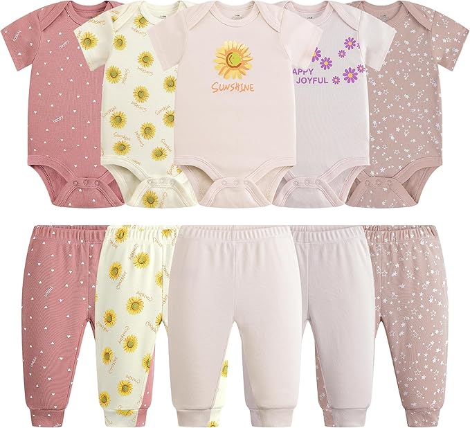 Baby Newborn Layette 10-Piece Sets Cotton Bodysuits Pants Sets for Baby Boys Girls Toddler Unisex Baby Gift Set