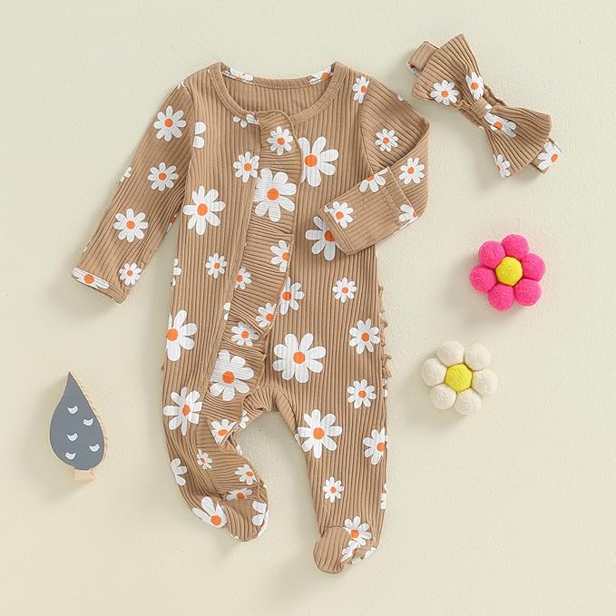 Newborn Girl Clothes Baby Girl Coming Home Outfit Zipper One-piece Outfits Ruffle Footie Bodysuit Jumpsuit Headband