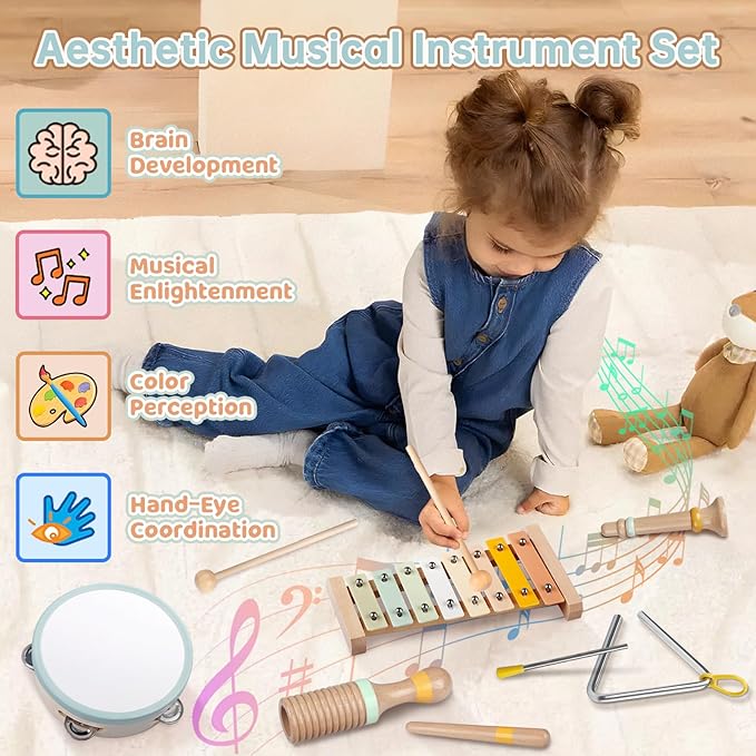 Baby Musical Instruments - Neutral Colors Musical Toys for Toddlers 1-3, Montessori Wooden Percussion Instruments Set with Modern Boho Xylophone Tambourine, Kids Preschool Educational Birthday Gifts