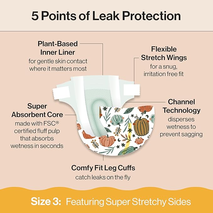 The Honest Company Clean Conscious Diapers for Delicate Skin | Up to 100% Leakproof | Hypoallergenic, Fragrance Free | Fall '25 Limited Edition Prints | Club Box, Size 3 (16-28 lbs), 62 Count