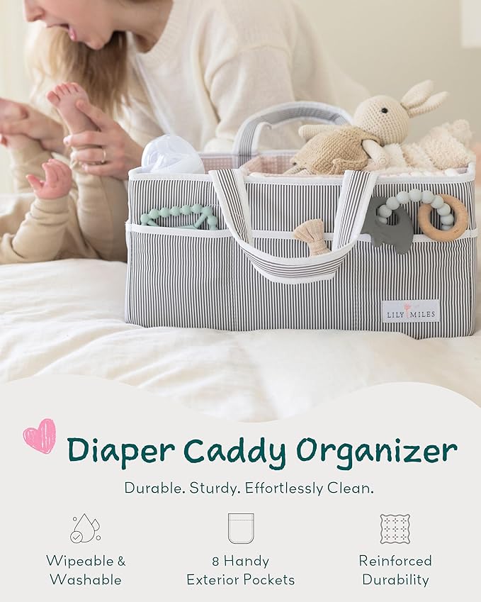 Lily Miles Baby Diaper Caddy Organizer, Girl Nursery Storage Basket with 8 Pockets, Baby Organizer and Storage, Easy-to-Clean Fabric, Large, Pink Blush