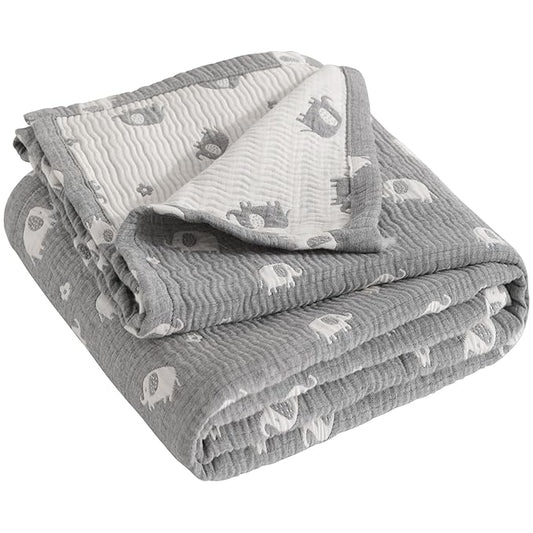 NTBAY 3 Layer Muslin Cotton Toddler Blanket, Jacquard Reversible Nursery Bed Blanket, Super Soft and Thermal for All Seasons, Decoration Gift, 30"x40", Dark Grey Elephant