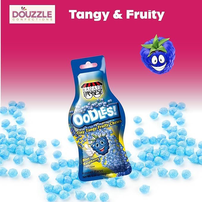 DOUzzle Back To School Oodles Raspberry Tiny Tangy Fruity Chews Mix (12 Count, 1 Pack) Individually Wrapped, Party Favor, Goodie Bag & Pinata Filler - Kosher Parve