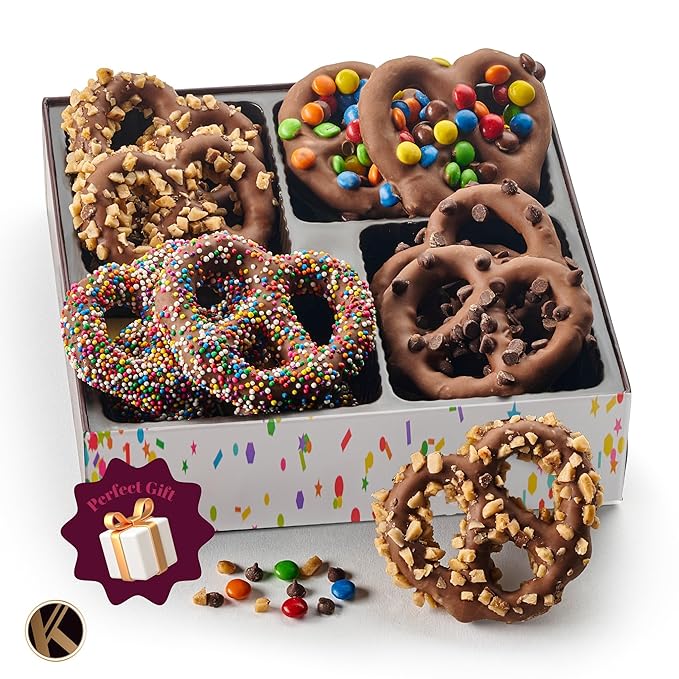 KREMERY Creamy Chocolate Cravings - Chocolate Covered Pretzel Twists Gift Basket, in Brown Gift Box (12 Pretzels, Assorted Sweet Toppings) Food Arrangement, Food Assortments USA Made