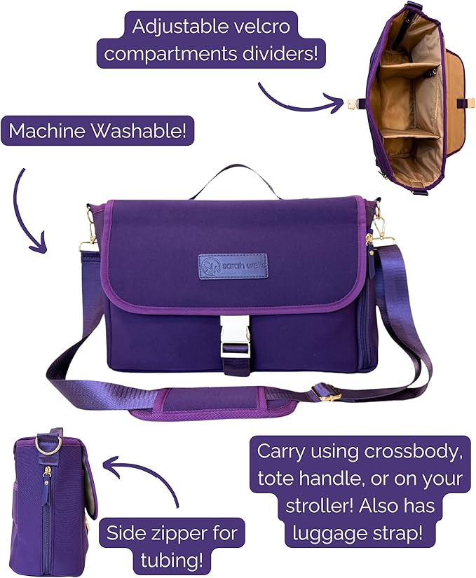 Sarah Wells Stroller Caddy & Pump Bag – Insulated Neoprene Diaper Organizer with Crossbody Strap, Machine Washable, Luggage Sleeve – Fits Single & Double Strollers (Purple)
