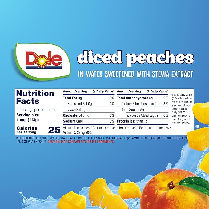 Dole Fruit Bowls No Sugar Added Snacks, Diced Peaches 4oz 24 Cups, Gluten & Dairy Free, Bulk Lunch Snacks for Kids & Adults